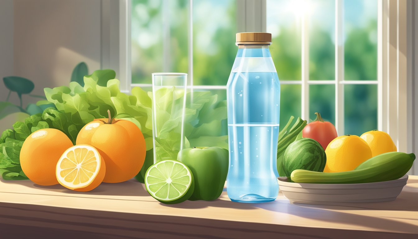 A clear glass of water sits next to a bottle of Zepbound on a table, surrounded by fresh fruits and vegetables. The sun shines through a window, highlighting the importance of hydration for overall health