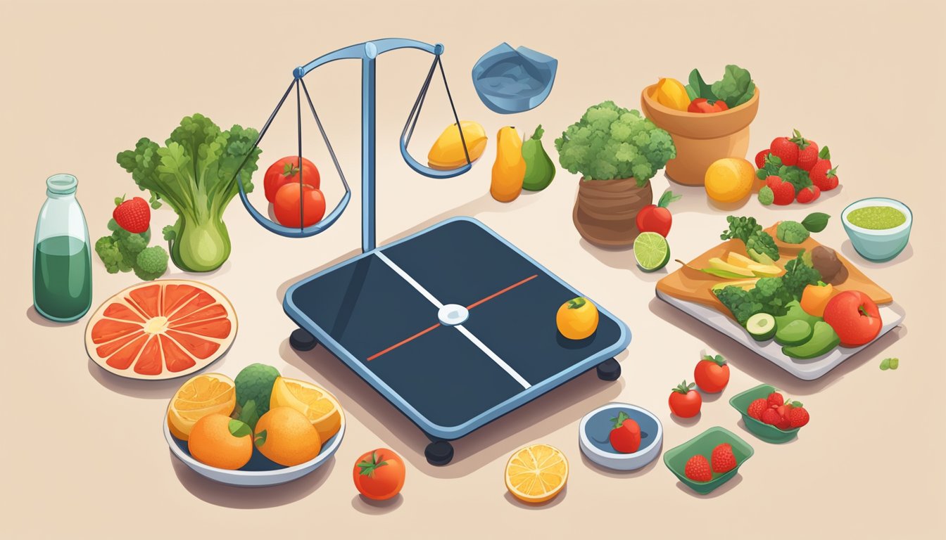 A scale with a red X over it, surrounded by various healthy foods and a person jumping on a trampoline