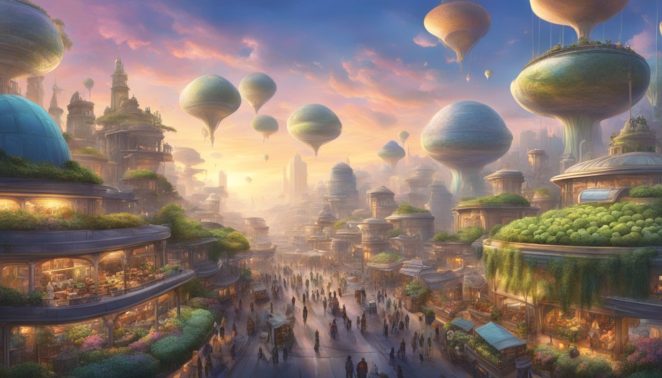 A serene morning on Zepbound, with floating gardens and colorful sky. A bustling marketplace with alien vendors and futuristic technology