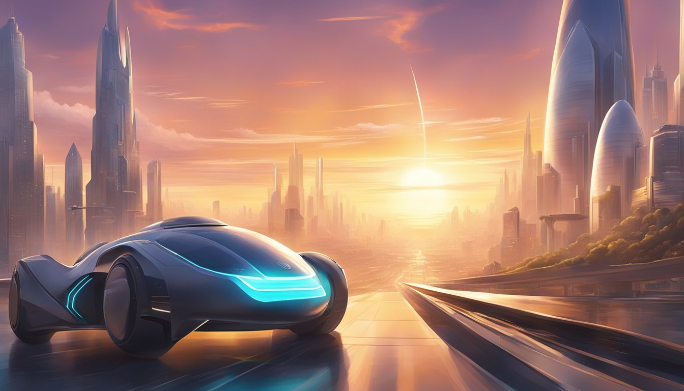 A sunrise over the futuristic cityscape of Zepbound, with hovercars zooming through the sky and sleek, towering buildings reaching towards the clouds