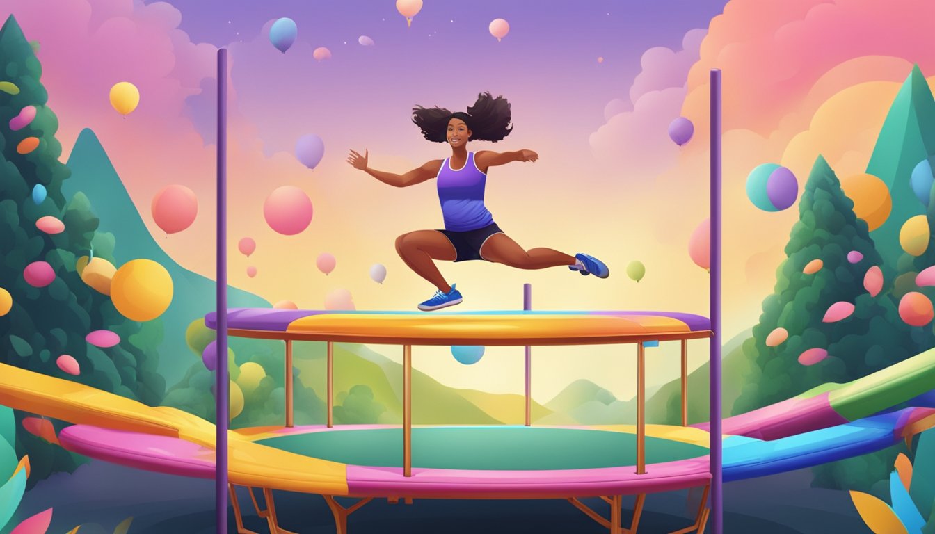 A person jumping on a trampoline, surrounded by colorful exercise equipment and a scenic outdoor backdrop