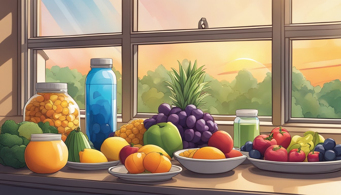 A table set with a colorful array of fruits, vegetables, grains, and protein sources. A water bottle and supplements sit nearby. Sunrise streams through a window