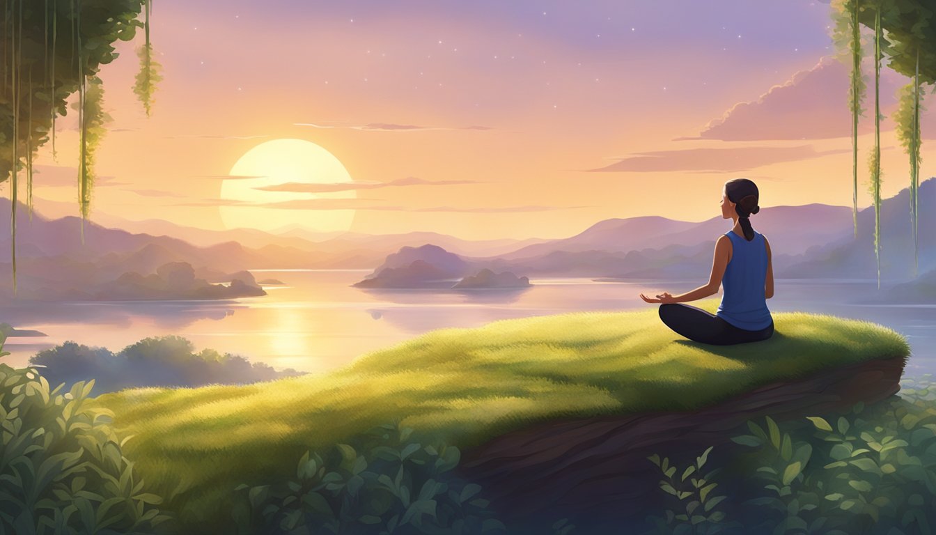 A serene morning scene of a Zepbound inhabitant practicing yoga on a grassy platform, surrounded by floating plants and a glowing sunrise