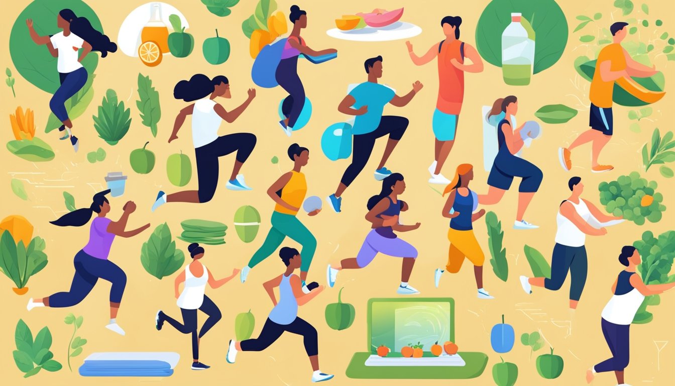 A group of people engaged in physical activities like jogging, cycling, and yoga, surrounded by healthy food and nutrition education materials