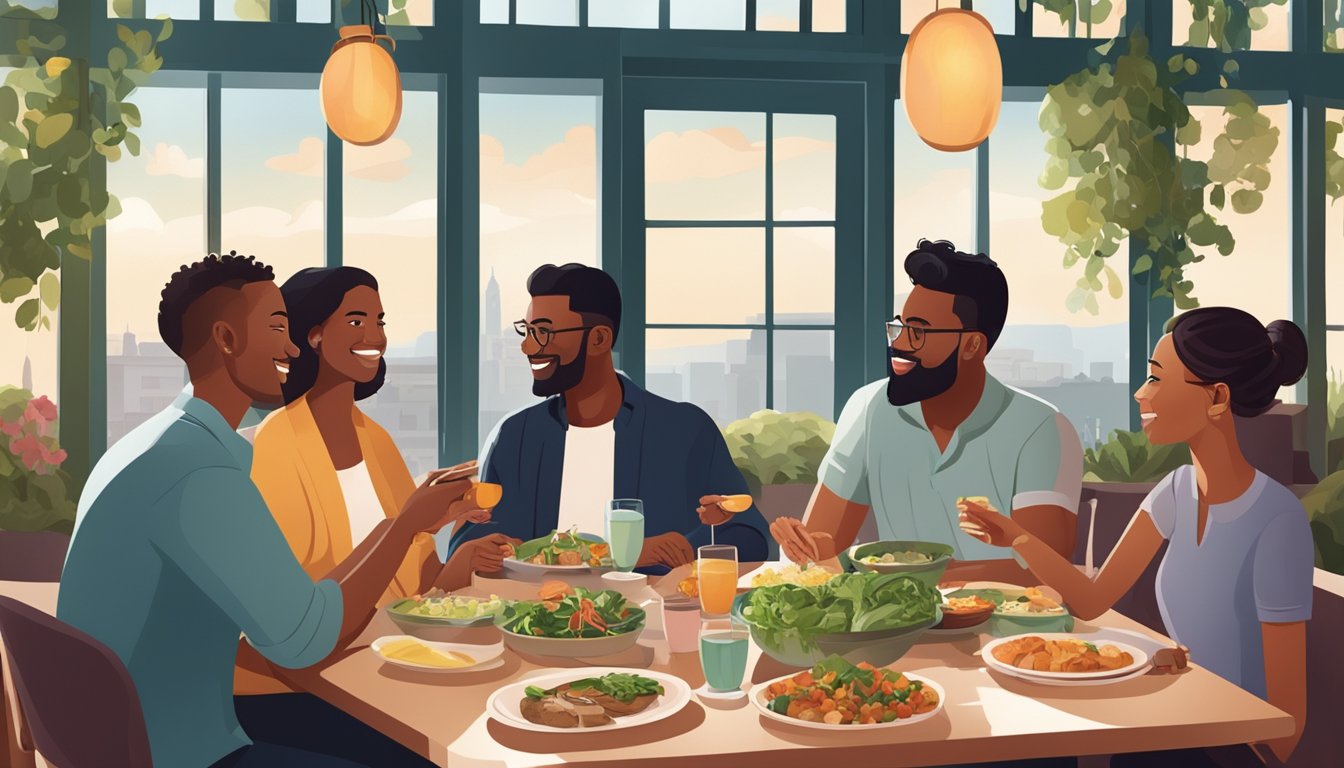 A group of diverse individuals sit around a table at a restaurant, engaged in conversation and enjoying a variety of healthy and delicious dishes. The atmosphere is lively and welcoming, with a sense of balance and harmony