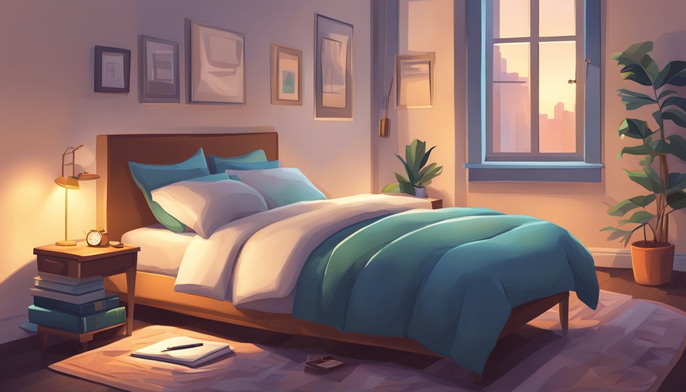 A cozy bedroom with a glowing alarm clock, a neatly made bed, and a pair of slippers by the bedside. A journal and pen sit on the nightstand, ready for reflection