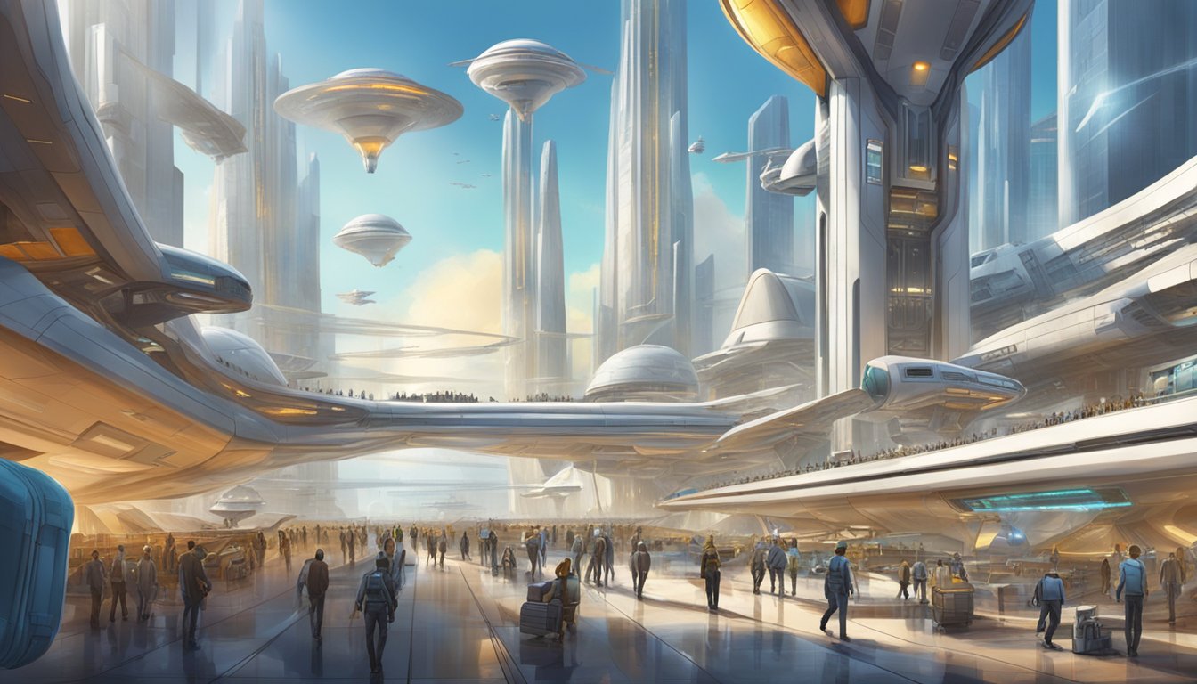 A bustling spaceport with futuristic buildings and spacecraft, bustling with activity as workers and travelers move about