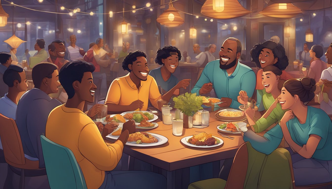 A group of diverse characters enjoy a meal together at a bustling Zepbound restaurant, engaging in lively conversation and laughter