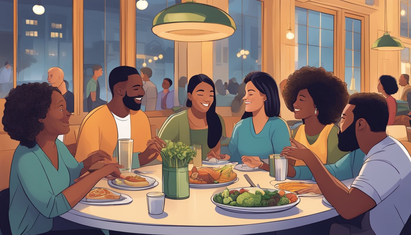 A group of diverse individuals sit around a table at a restaurant, engaging in lively conversation and making mindful choices about their food and drink options