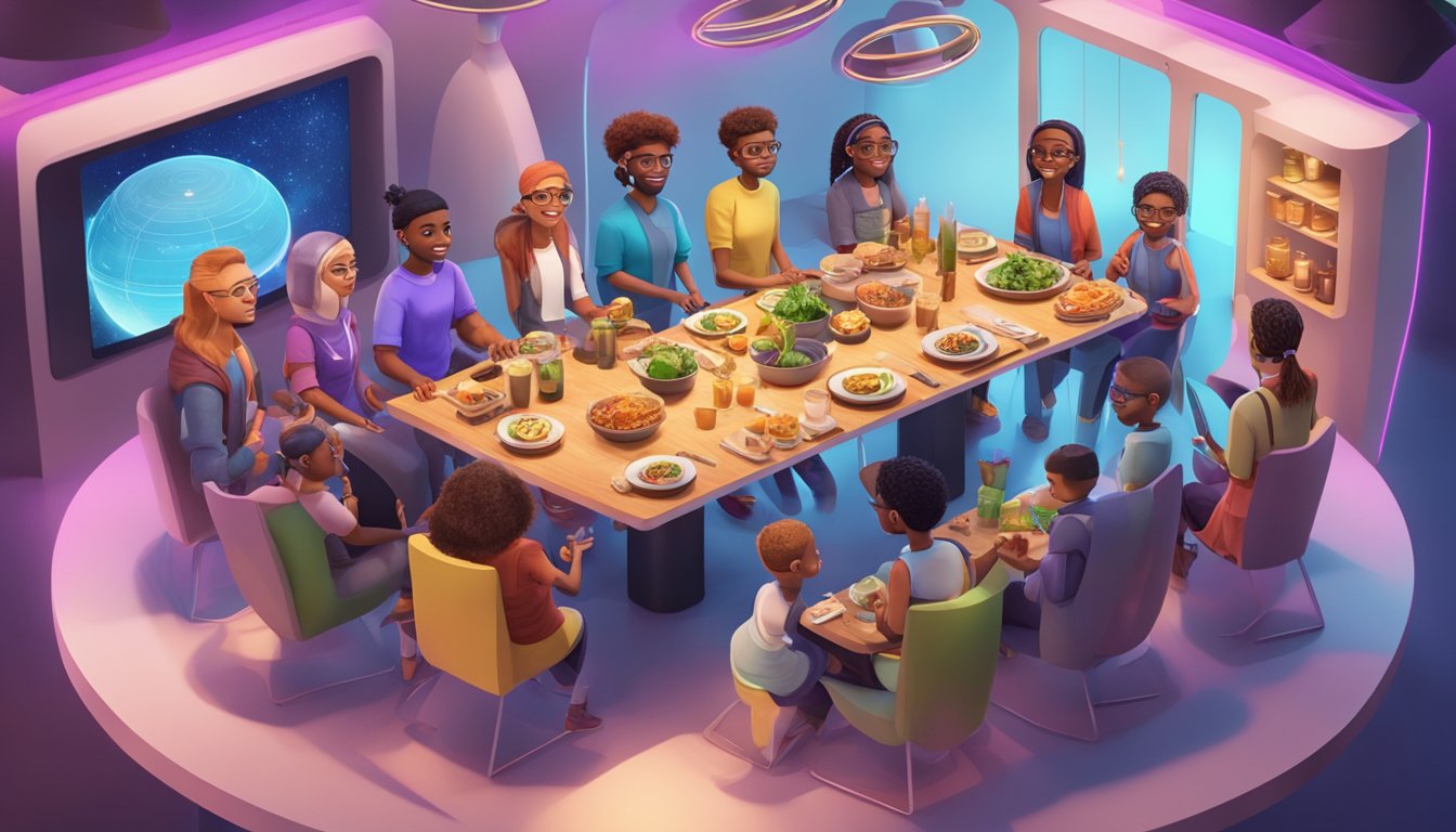 A group of diverse digital avatars gather around a virtual dining table, interacting and sharing food in a futuristic, interactive social dining experience on Zepbound