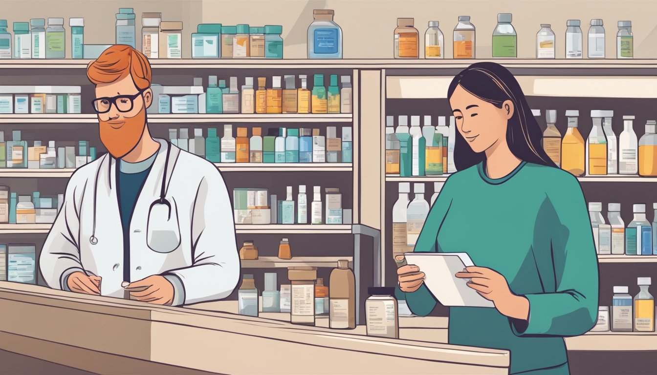 A person standing in front of a pharmacy counter, holding a prescription for Qsymia, while a pharmacist explains the medication