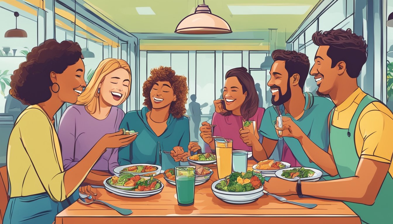 A group of friends sitting at a table in a bustling restaurant, chatting and laughing while enjoying a variety of colorful, healthy dishes