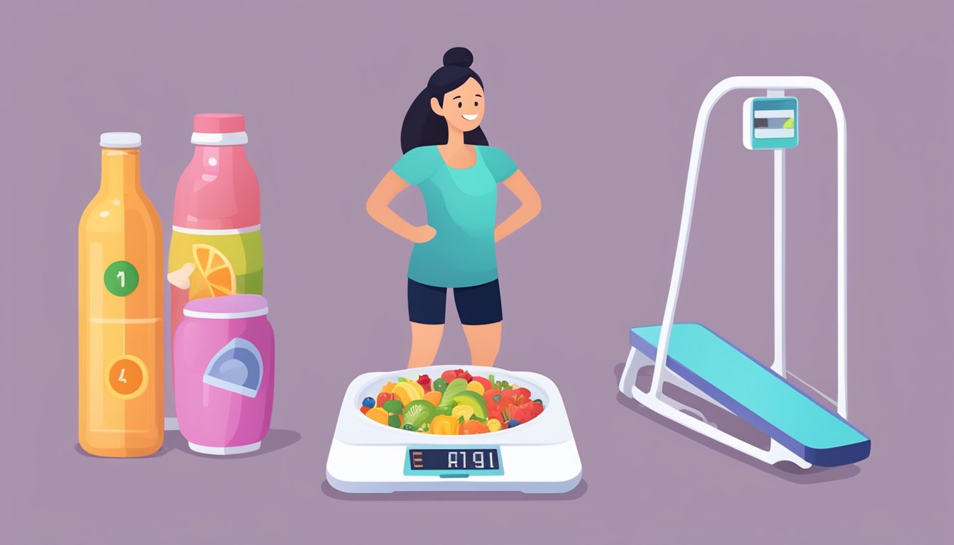 A person standing on a scale, smiling as the numbers decrease. A bottle of Qsymia sits nearby, surrounded by healthy food and exercise equipment