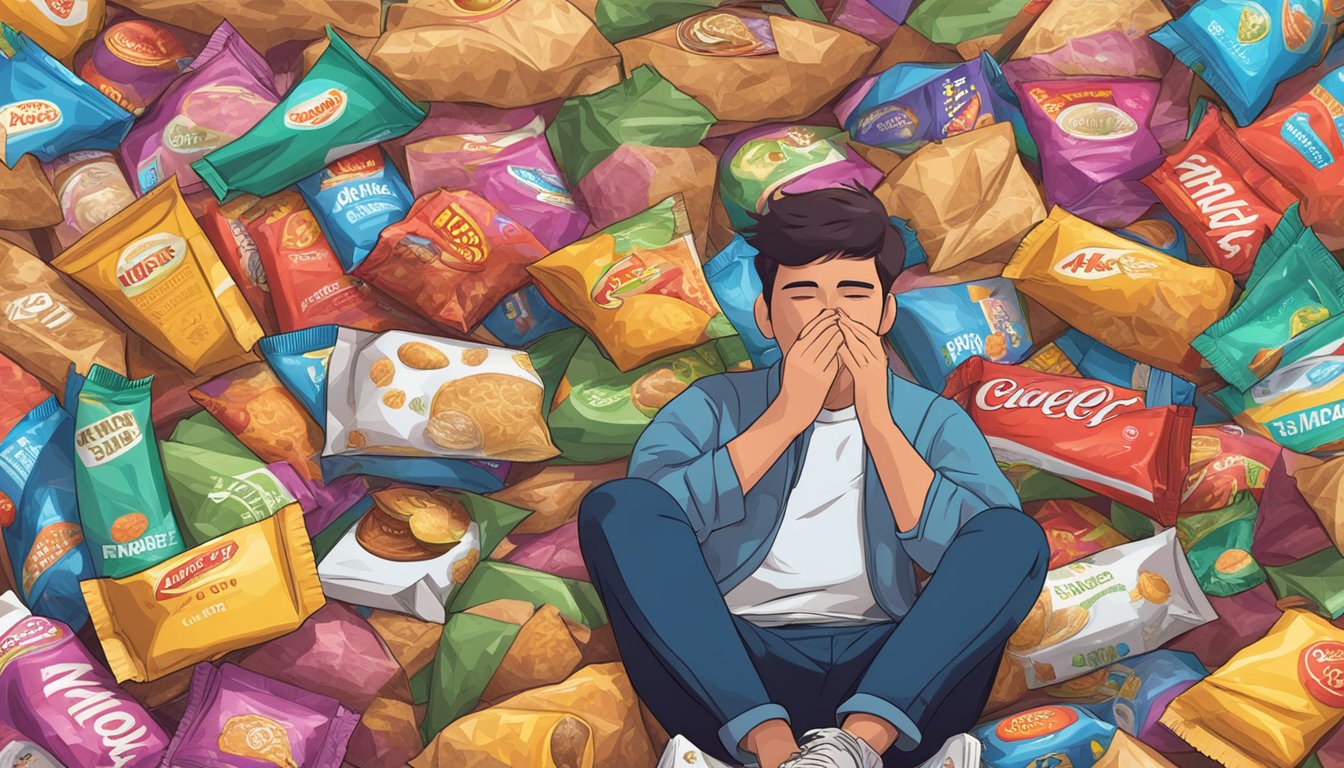 A person sits surrounded by empty junk food wrappers, looking distressed. A pile of healthy food sits untouched nearby