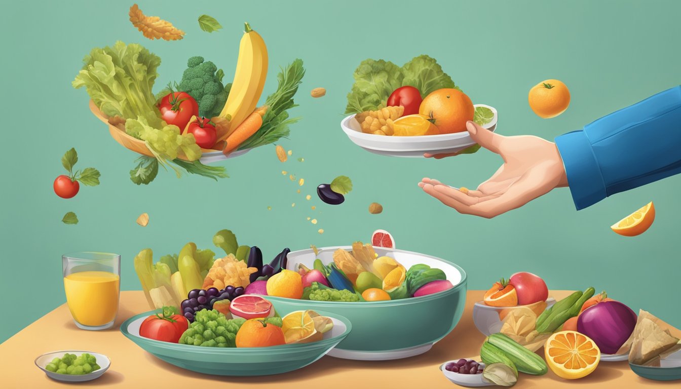 A person throwing away junk food and reaching for a plate of fruits and vegetables