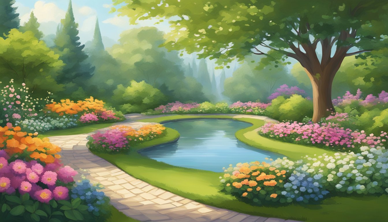 A serene garden with a winding path leading to a peaceful pond surrounded by lush greenery and colorful flowers. A sense of tranquility and calmness permeates the scene