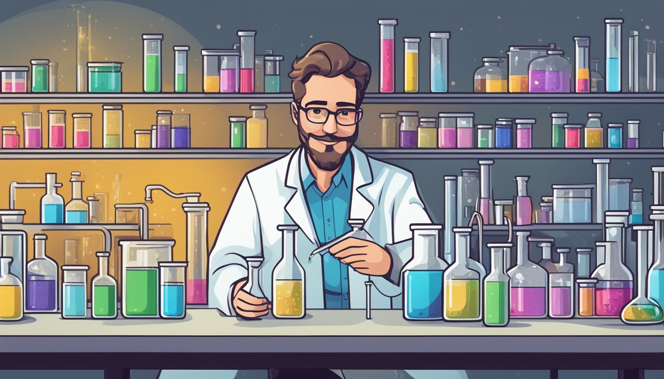 A scientist in a lab, surrounded by beakers and test tubes, carefully mixing chemicals to create the first dose of Qsymia