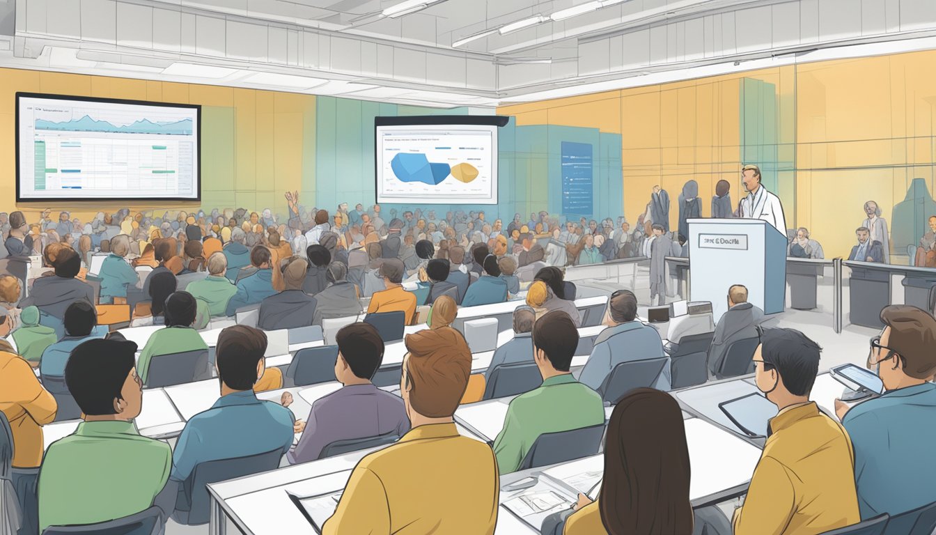 A scientist presents Qsymia to an FDA panel, charts and data displayed, while a crowd of onlookers watches intently