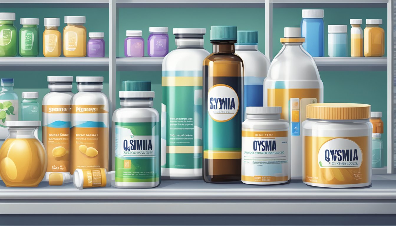 A bottle of Qsymia sits on a pharmacy shelf, surrounded by other weight loss products. The FDA approval seal is prominently displayed on the label