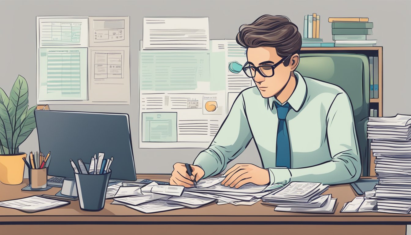 A person sitting at a desk, surrounded by financial documents and a calculator, carefully budgeting for Zepbound treatment