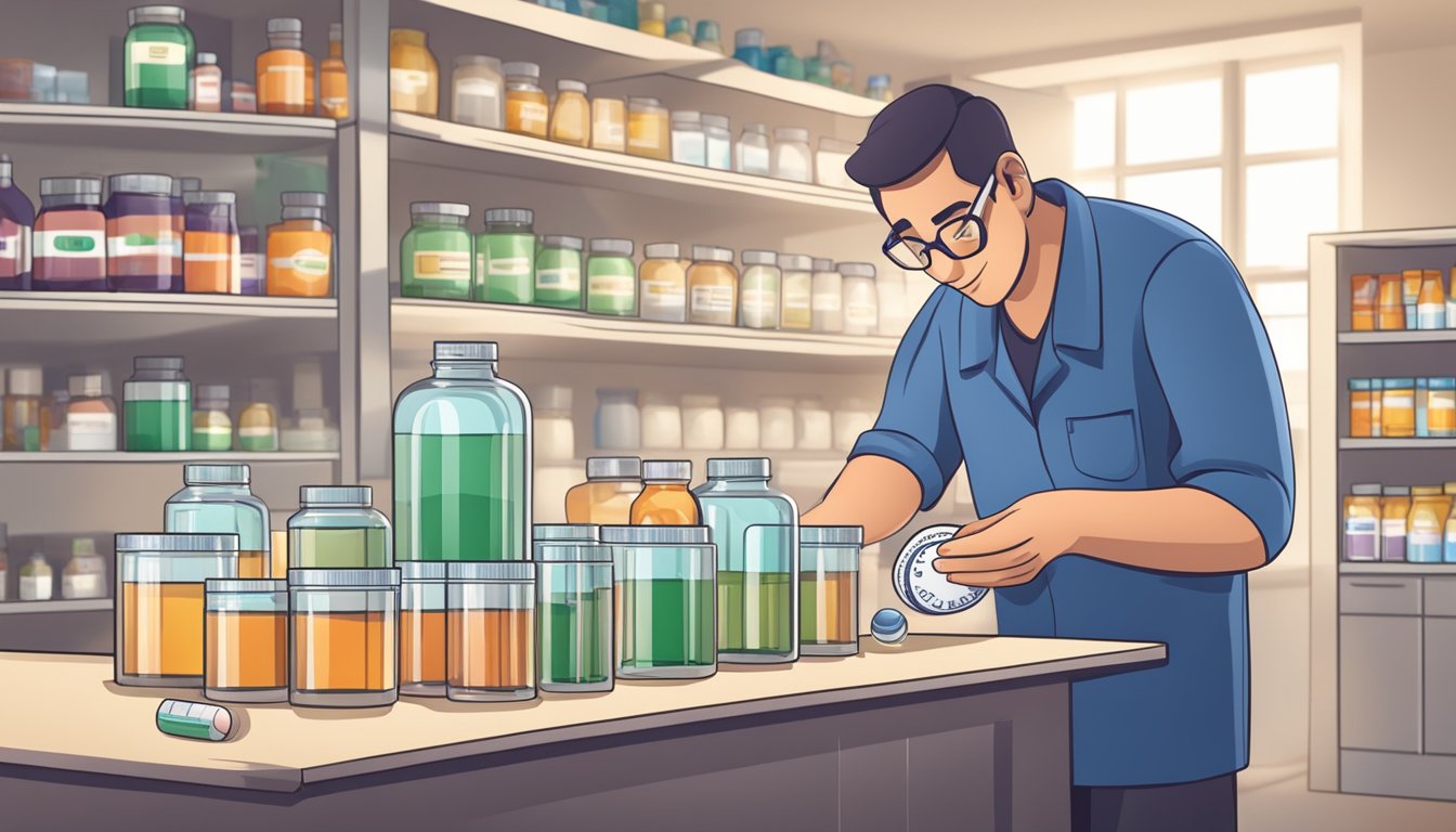 A pharmacist carefully measuring and pouring out Qsymia pills into a labeled bottle, with the FDA approval seal displayed prominently in the background