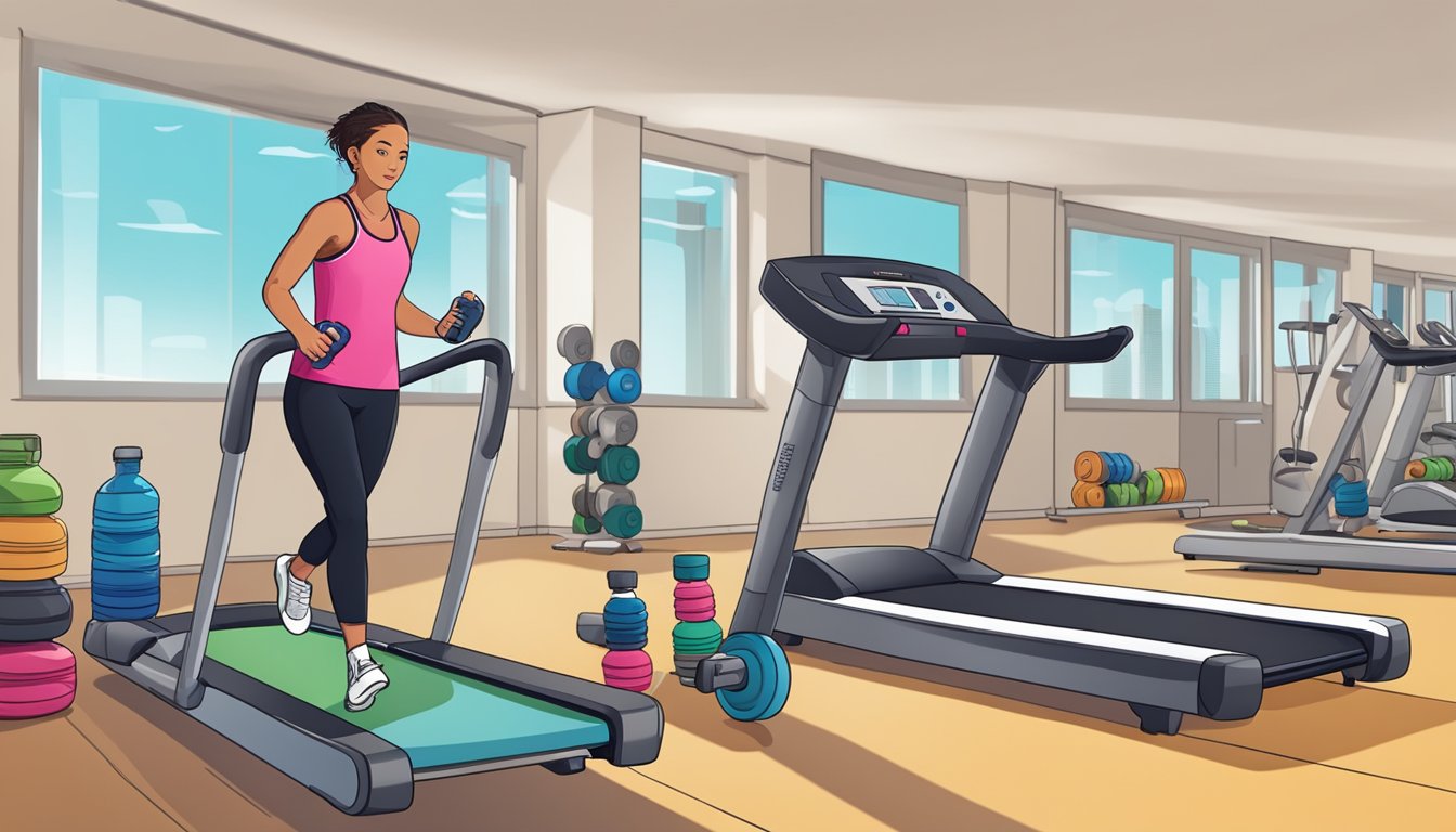 A person running on a treadmill with a bottle of Zepbound in the foreground, surrounded by exercise equipment and weights