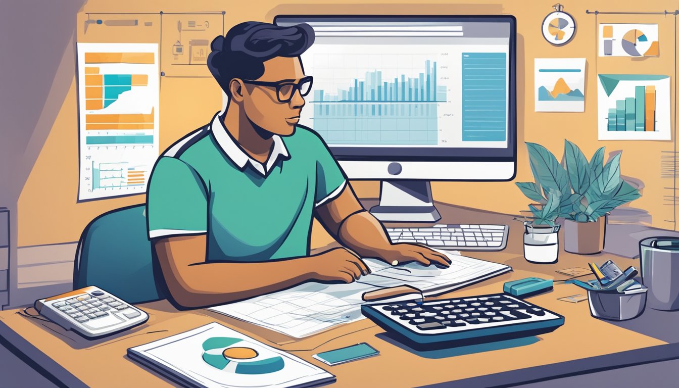 A person sitting at a desk with a calculator, papers, and a computer, surrounded by charts and graphs related to budgeting for Zepbound treatment