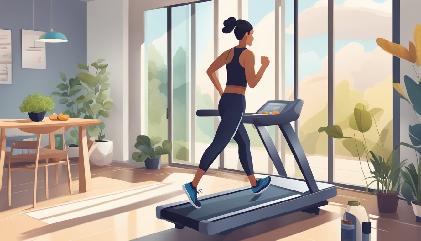 A person jogging on a treadmill with a bottle of supplements and a healthy meal on a nearby table