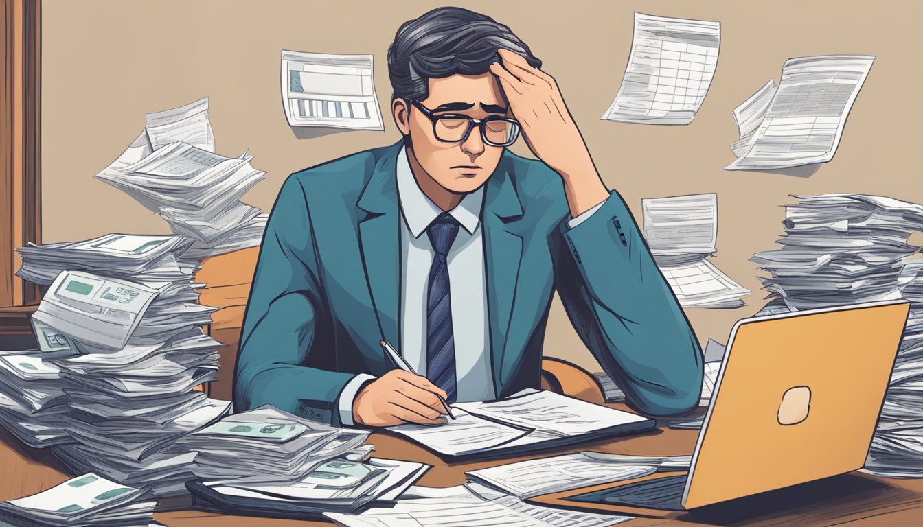 A person sitting at a desk, surrounded by financial documents and a calculator, with a worried expression on their face