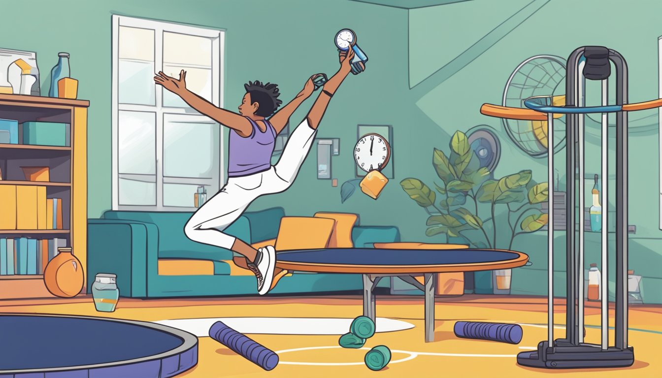 A person jumping on a trampoline with a bottle of Zepbound in the background, surrounded by exercise equipment and a stopwatch