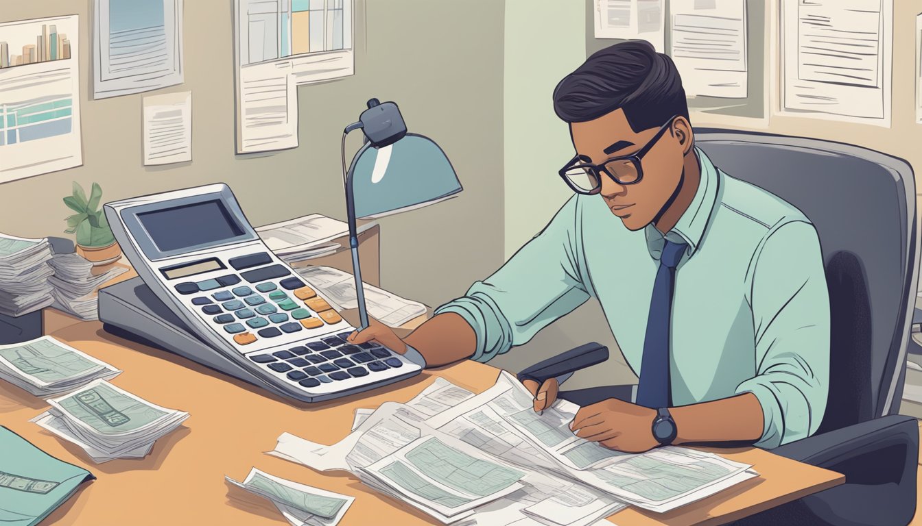 A person at a desk, surrounded by financial documents and a calculator, carefully budgeting for Zepbound treatment