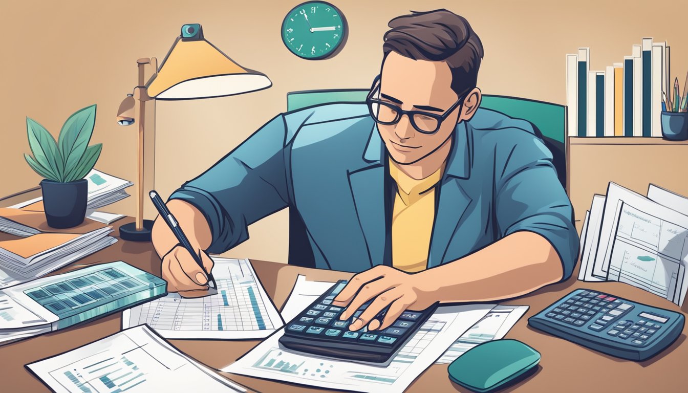 A person sitting at a desk with a calculator and budgeting spreadsheets, surrounded by financial documents and charts