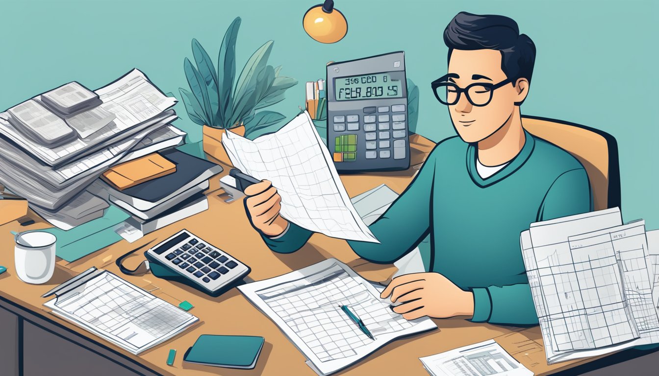 A person sitting at a desk with a calculator and budgeting spreadsheets, surrounded by financial documents and charts related to Zepbound treatment