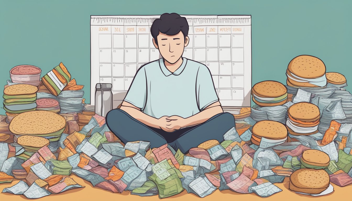 A person standing on a scale, looking disappointed, surrounded by empty junk food wrappers and a calendar marked with the first week on Qsymia