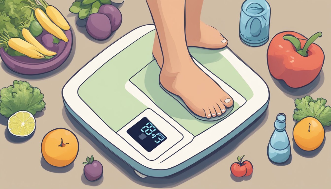 A person's first week on Qsymia: a hopeful person stepping on a scale, surrounded by healthy food and exercise equipment, but feeling disappointed with minimal weight loss