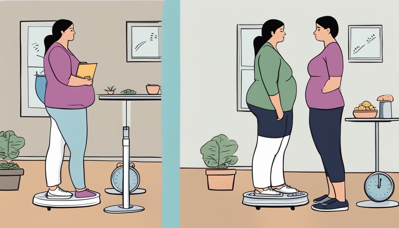 A person standing on a scale, looking disappointed while comparing their weight loss expectations with the reality of their first week on Qsymia