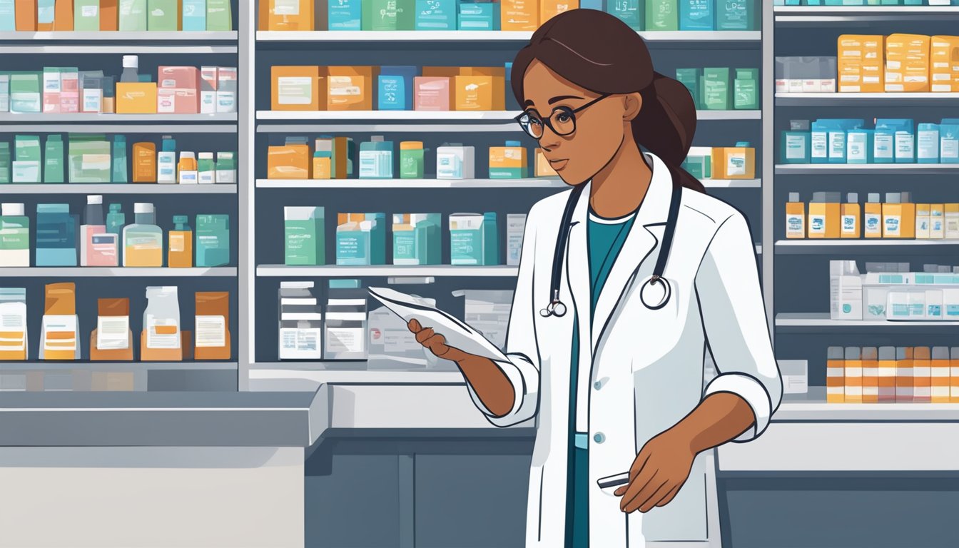 A person standing in front of a pharmacy counter, looking at a prescription for Qsymia with a concerned expression while holding their wallet. The pharmacy technician is explaining the cost and insurance coverage