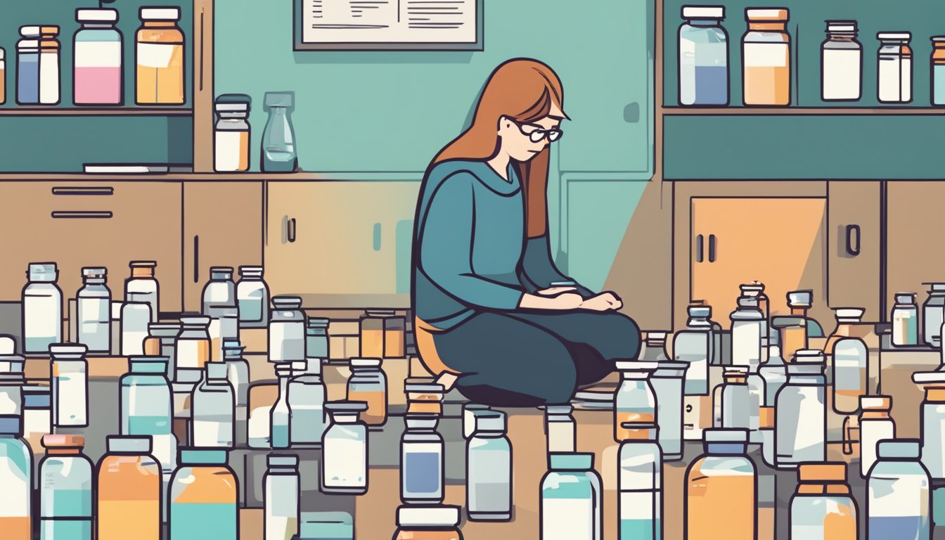 A person standing on a scale with a disappointed expression, surrounded by empty pill bottles and a calendar marked with the first week on Qsymia