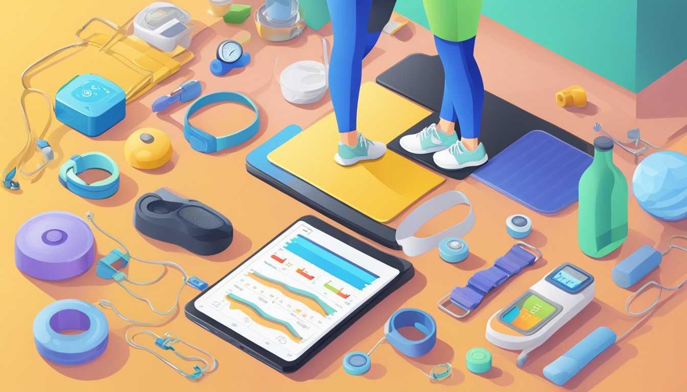 A person stepping on a scale, surrounded by various fitness tracking devices and tools such as a fitness tracker, measuring tape, and a water bottle