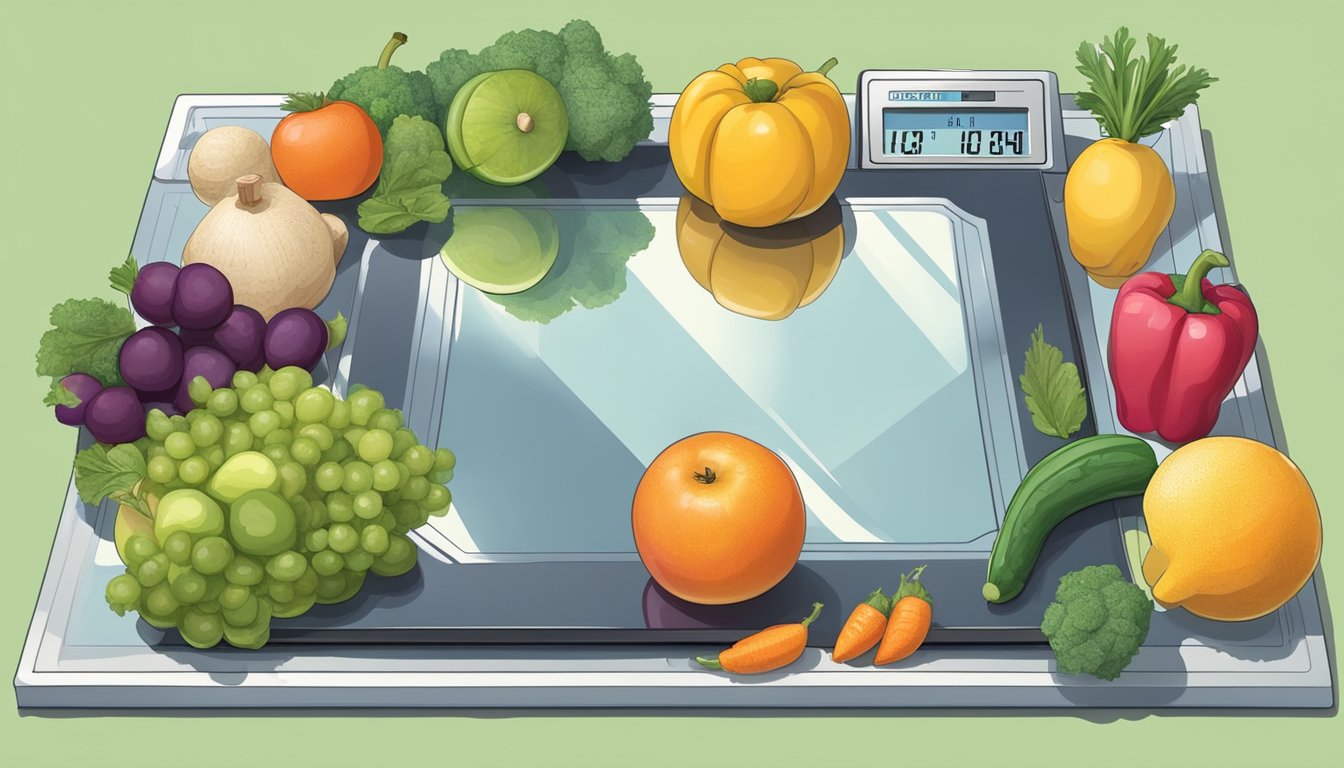 A scale surrounded by fruits, vegetables, and exercise equipment, with a mirror reflecting a positive body image