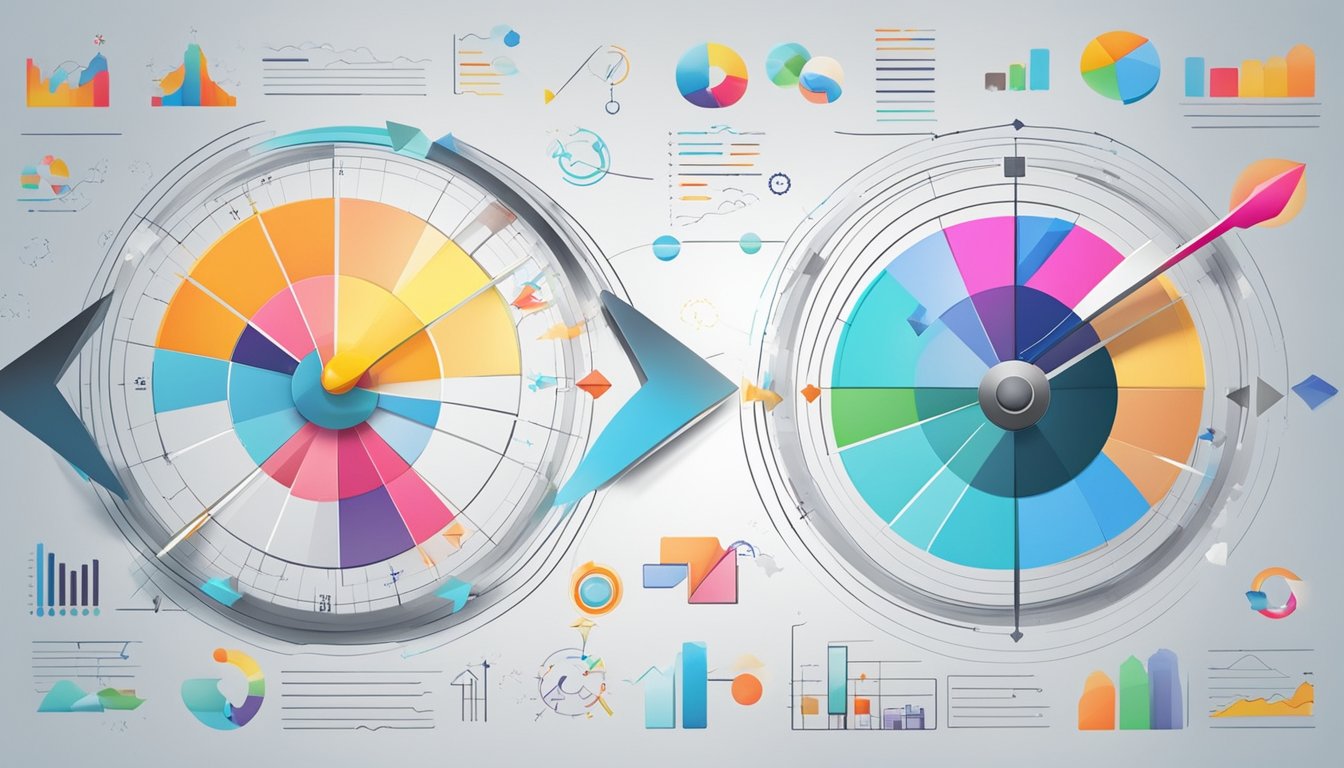 A colorful chart with various symbols and arrows, representing different indicators of progress, is displayed on a digital screen