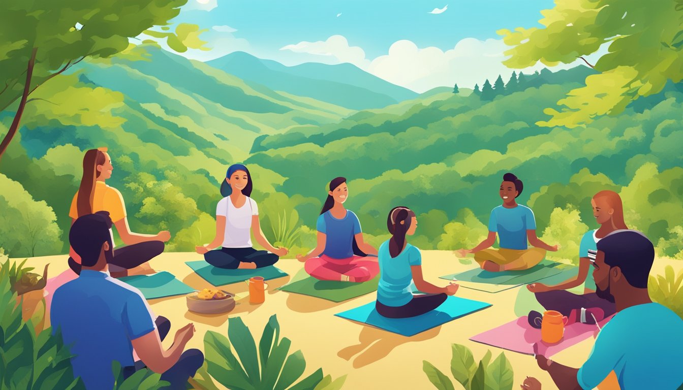 A vibrant, diverse community engaging in various activities: hiking, biking, yoga, and cooking together, surrounded by lush greenery and a clear blue sky