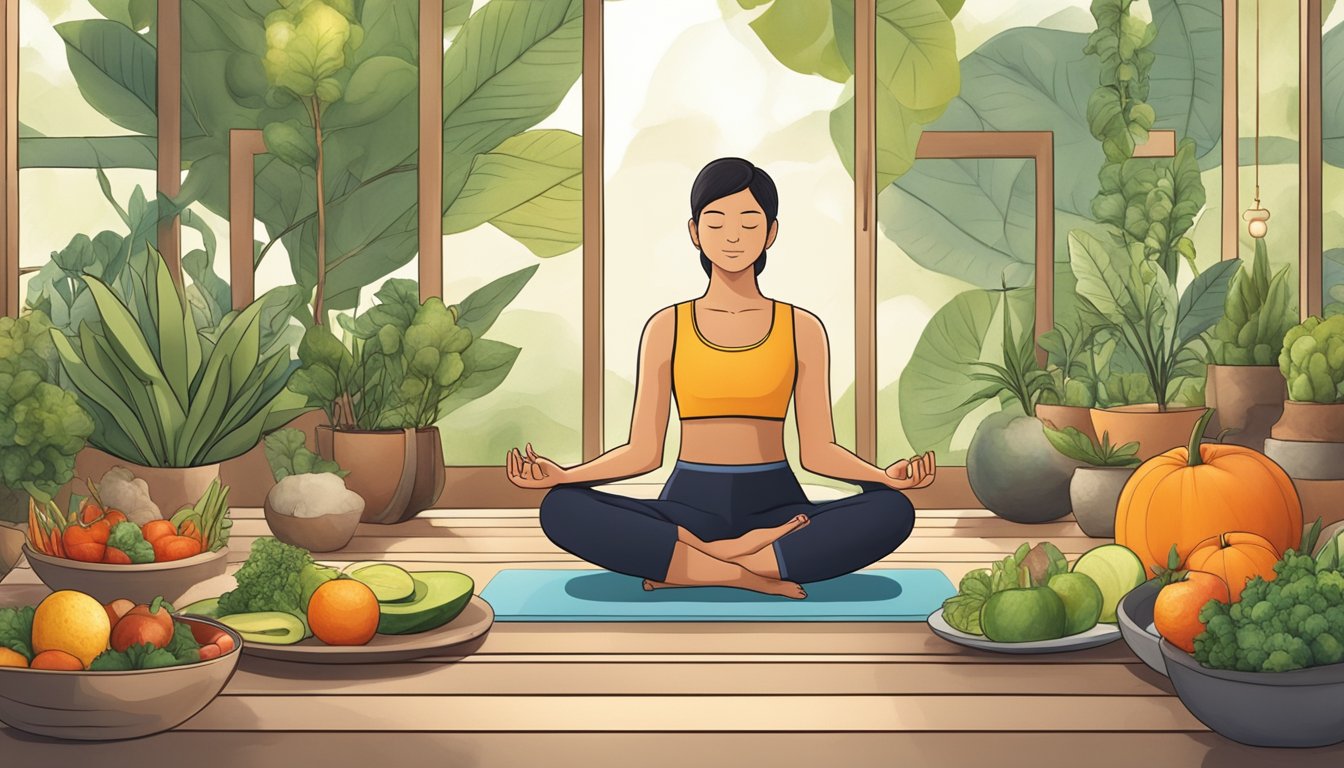 A person meditating in a serene natural setting, surrounded by healthy food and exercise equipment