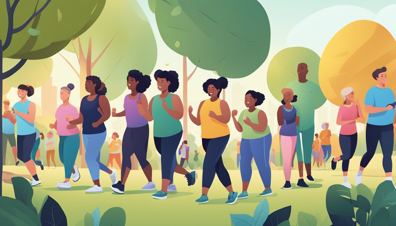 A diverse group of people exercising together in a park, surrounded by supportive friends and family. Progress is tracked on a digital device, while the scale is left in the background