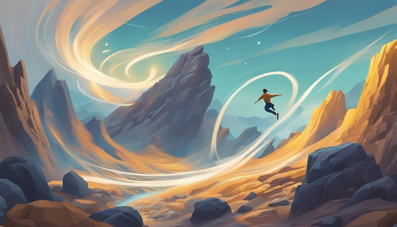 A figure leaping across a rocky landscape, surrounded by swirling energy and shifting forms