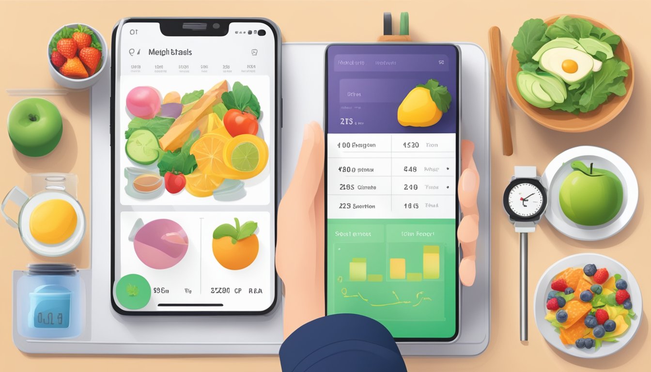 A person using a food diary to track meals, a scale to weigh portions, and a fitness tracker while taking Qsymia