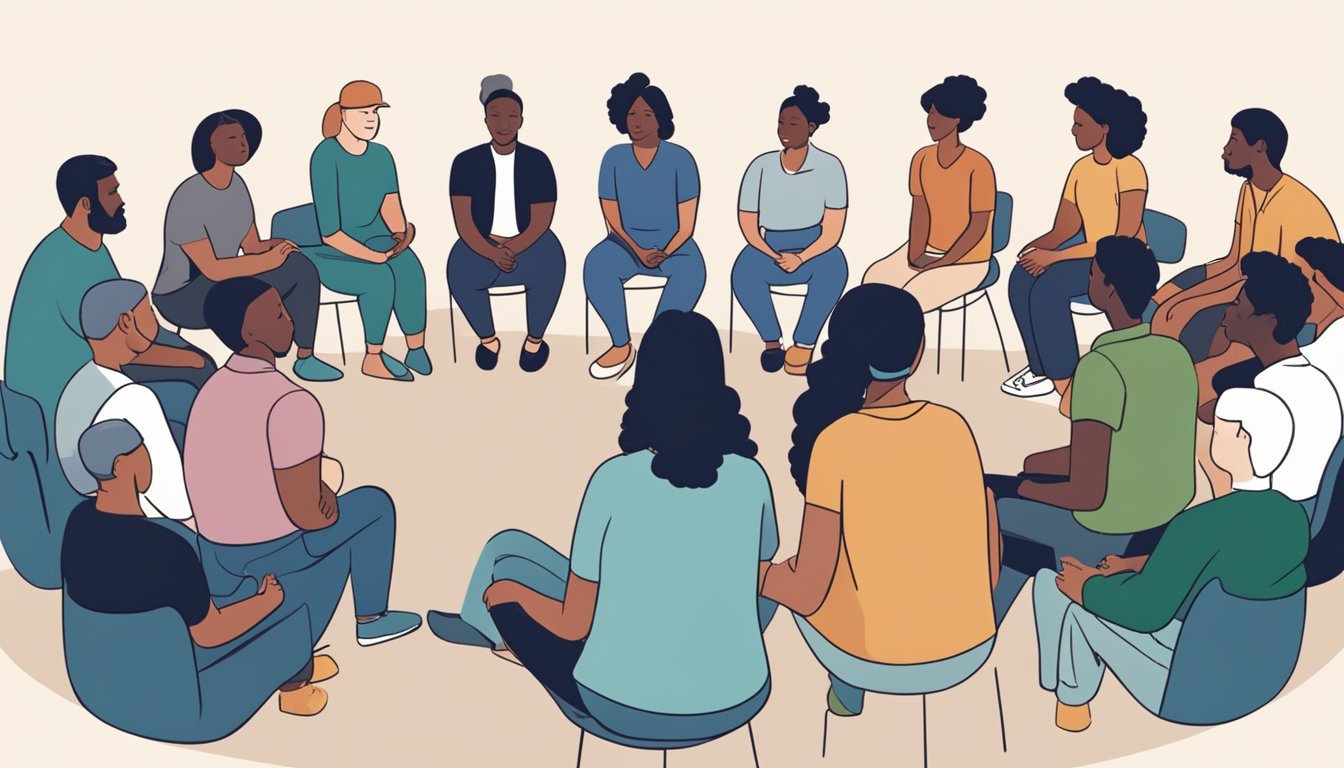 A group of diverse individuals sit in a circle, engaging in a supportive discussion. A variety of emotions are evident as they navigate the challenges of adapting to rapid physical changes