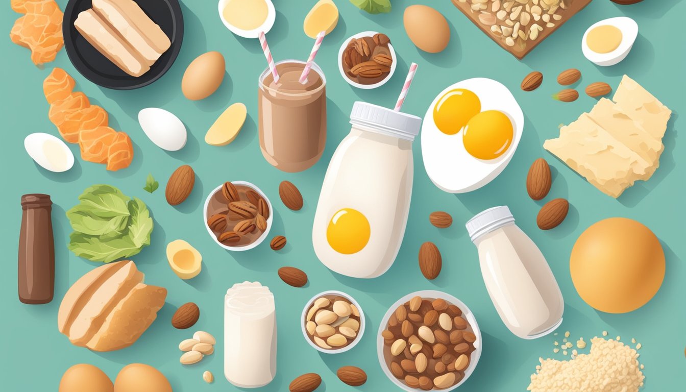 A person holding a Zepbound protein shake while surrounded by various protein-rich foods like eggs, chicken, and nuts