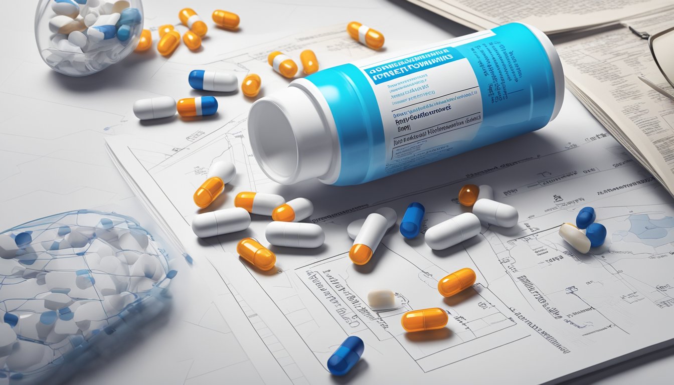 A pill bottle with phentermine and topiramate capsules spilling out, surrounded by medical literature and a diagram of the brain