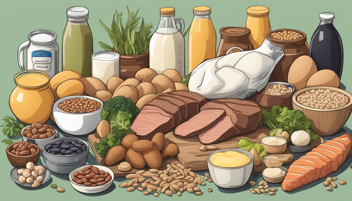 A variety of protein-rich foods arranged around a bottle of Zepbound, including lean meats, fish, eggs, dairy products, and plant-based sources like beans and nuts